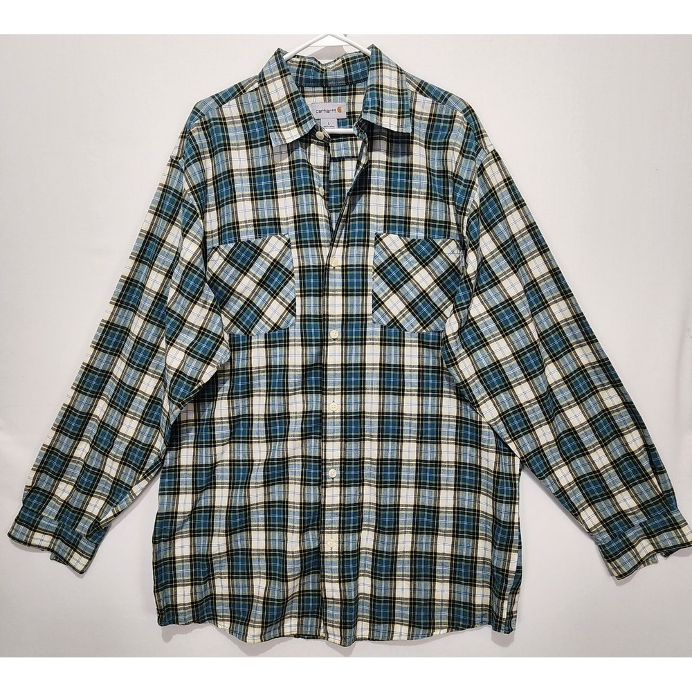 Carhartt Men's Plaid Long Sleeve 100% Cotton‎ Button-Up Shirt Green/Blue Size L